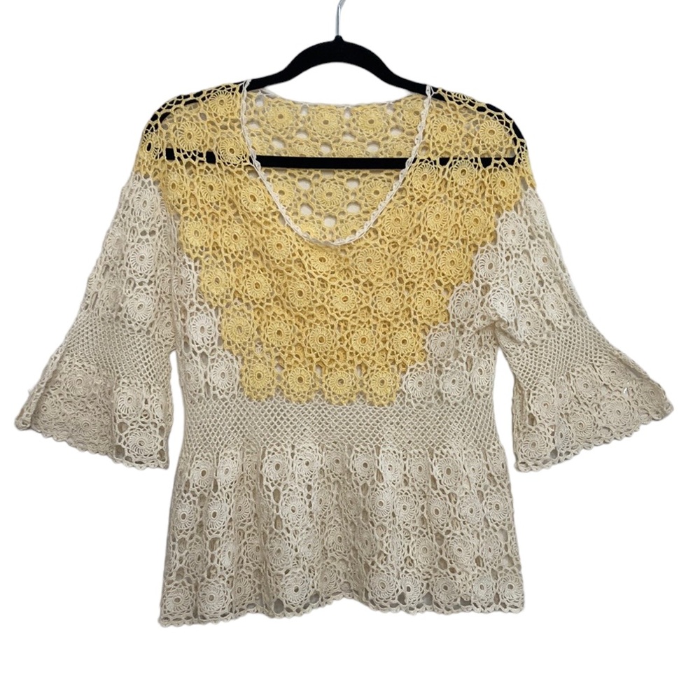 Handmade Top Womens Small Ivory Yellow Crochet Flare Sleeve 60s Go Go Coquette
